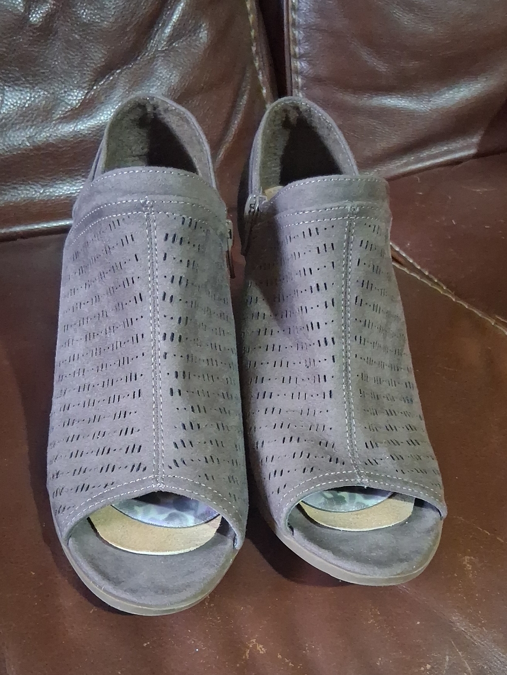 Women’s Taupe Peep-Toe Perforated Booties